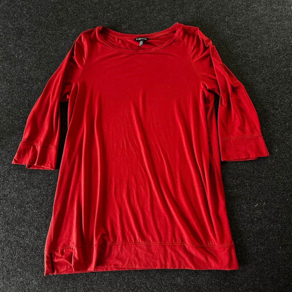 Eileen Fisher Red Tencel Lyocell Spandex 3/4 Sleeve Tunic Top Womens Large L